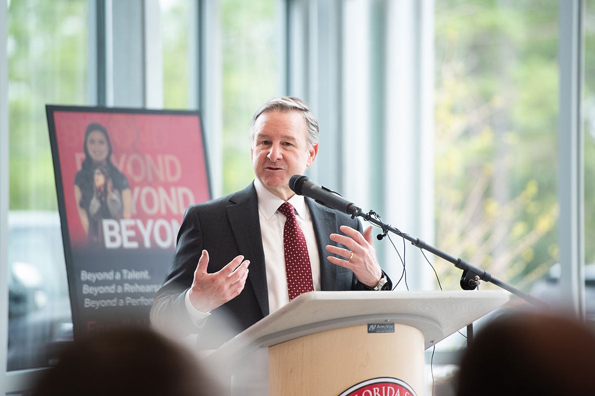 Florida State University President Richard McCullough speaks at an event to sign a memorandum of understanding with five Northwest Florida state colleges.