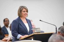 Stacey Patterson speaks at the Triumph Gulf Coast meeting